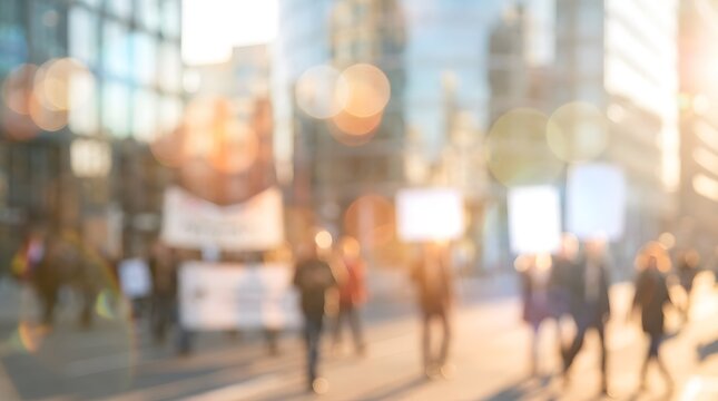 Blurred crowd of people protesting together with empty signs on a city street
