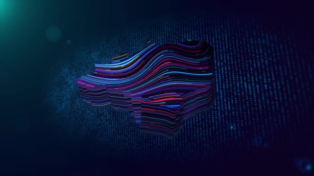 Futuristic background revealing a glowing Brazil map with colorful wavy line texture, particle grid, cinematic depth of field, light flare, and Brazil text for modern technology presentations.