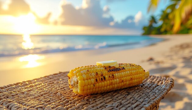 Grilled sweet corn with melting butter on a tropical beach at sunset