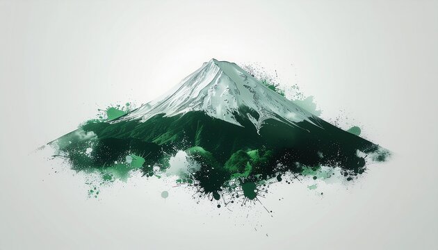 Emerald green watercolor splash illustration of Mount Fuji