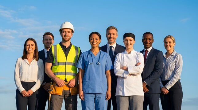 Diverse Group of Professionals Standing Together Under a Clear Blue Sky During Daytime