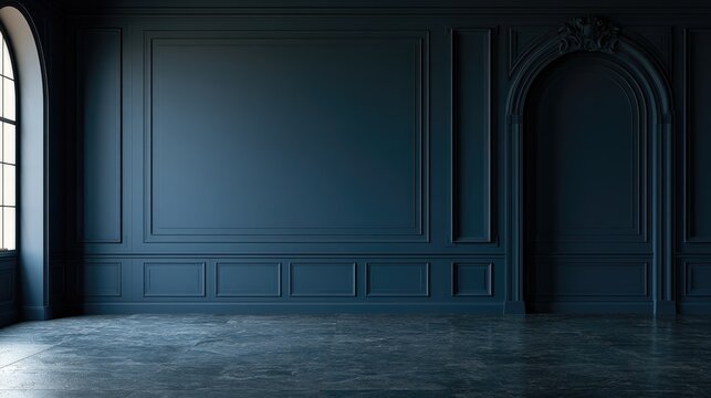 Elegant dark blue room with arched doorway, ornate molding, and large window