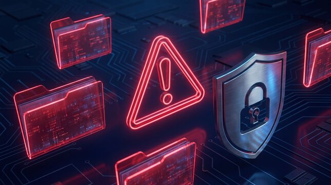 Cyber security alert warning triangle icon with glowing red data folders