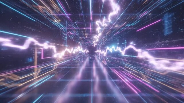 Abstract digital tunnel with neon glowing geometric grid lines and cyberpunk technology connectivity effect matrix future data connection