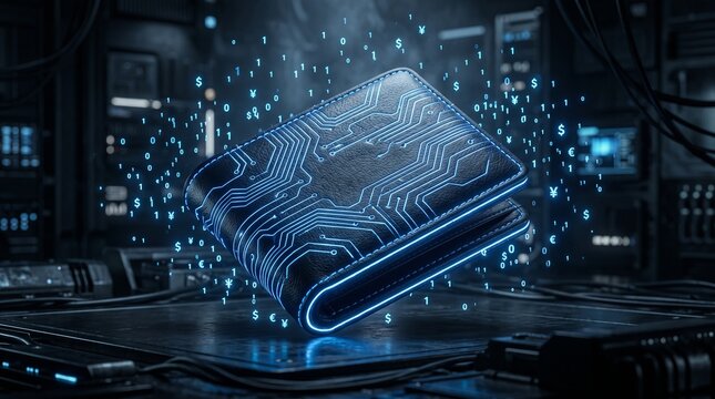 Wallet with glowing blue circuit lines, futuristic AI fintech concept for digital payments, smart finance, cybersecurity and modern technology.
