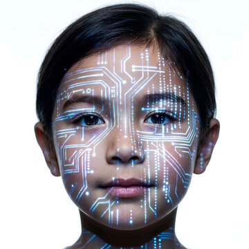 Futuristic Woman with Digital Circuit Face Art.