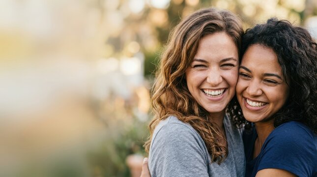 Two happy young adult multiethnic women smiling and embracing outdoors, representing friendship, diversity, and joy in everyday life