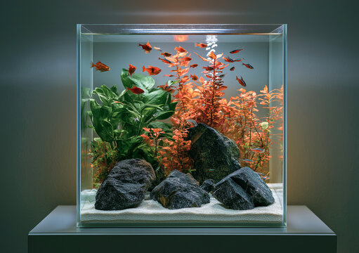 a clean cut, cubical big glass aquarium filled with clear water, positioned in the center
