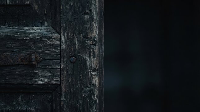 Dark weathered wooden door texture with rustic iron hinge for dramatic background and mysterious concept photography