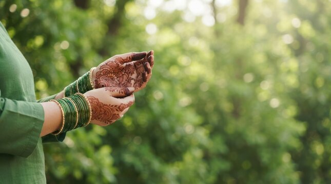 Young Indian woman wearing green bangles showing intricate henna mehndi design on her hands in a garden representing traditional festival celebration and culture