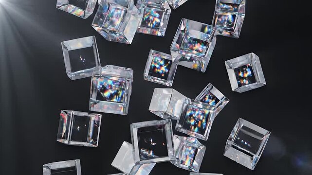 Clear cubeshaped objects with rainbow reflections on a dark background