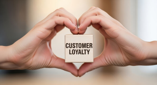 Customer loyalty e commerce growth strategy with hands forming heart around wooden block, symbolizing trust and care