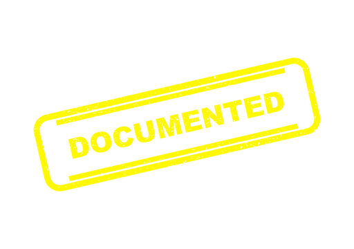 Bright yellow rubber stamp with the word documented in a simple bold font style isolated on transparent background