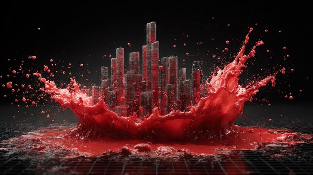 Abstract Representation of Urban Landscape with Red Liquid Splash on Dark Background Ideal for Creative Projects