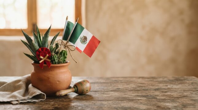 Mexican independence day patriotic still life with potted cactus, national flags, and maracas on a rustic wooden table indoors
