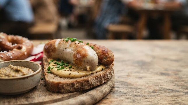 Bavarian Weisswurst sausage served on bread with mustard and pretzel on a wooden table in a traditional German beer hall setting
