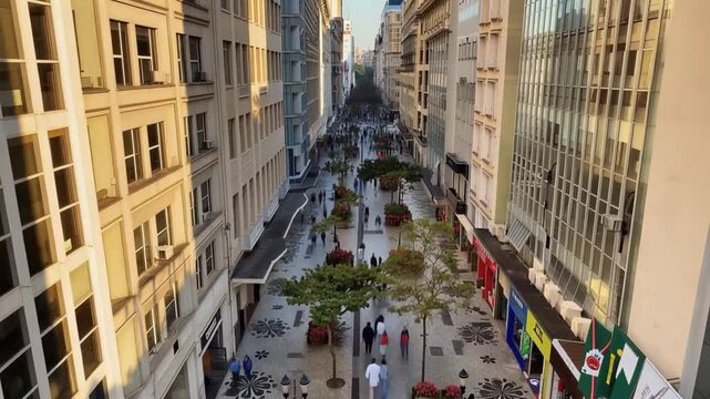 Curitiba in Brazil. Downtown street XV de Novembro. Rua das Flores. Touristic place, flowered street, historic downtown. Commerce, local people and tourists. Timelapse, aerial view.