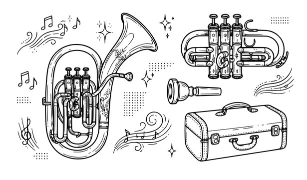 Brass musical instruments line art vector set, tuba euphonium, trumpet, mouthpiece, and hard instrument case