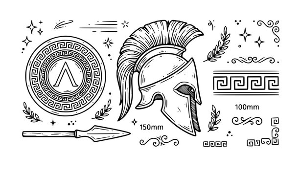 Ancient Greece warrior vector set, line art Spartan helmet with crest, hoplite shield, spear tip, laurel branch, and Greek border isolated on white background