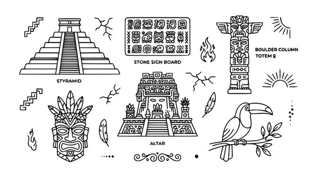 Mayan and Aztec civilization line art vector set, ancient architecture icons with step pyramid, tribal mask, totem, and toucan bird