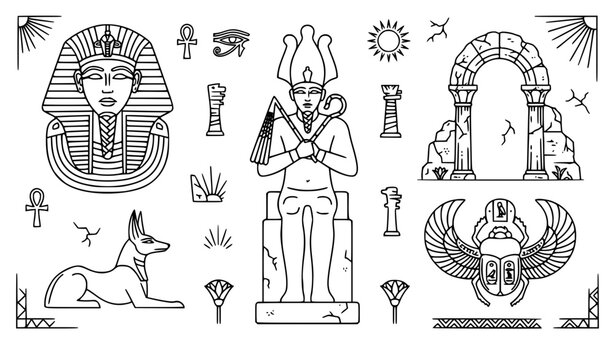 Ancient Egyptian mythology vector set, line art pharaoh, winged scarab, Eye of Ra, Ankh symbol, and lotus isolated on white background