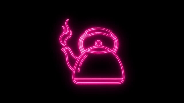 Pink glowing neon kettle icon with hot steam outline on black background for beverage kitchen design