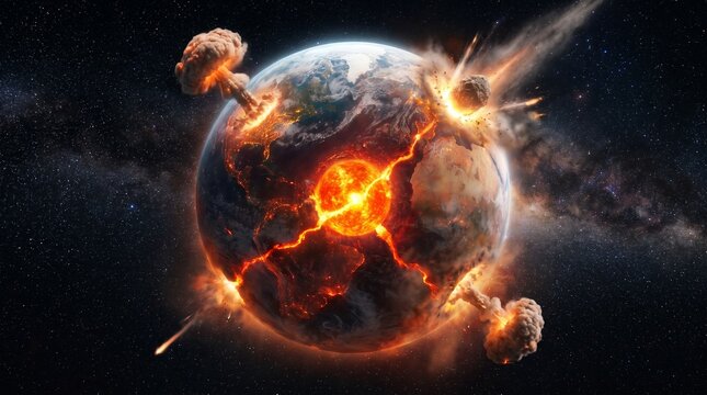 Planet Earth exploding with volcanic mushroom cloud nuclear blast and lava fractures