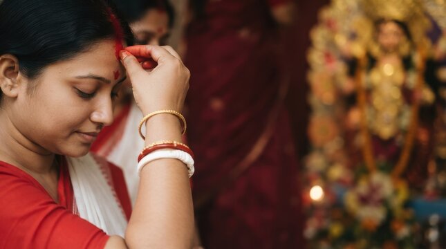 Indian woman applying sindoor on her forehead during Durga Puja festival ritual celebration symbolizing married life tradition and Hindu culture