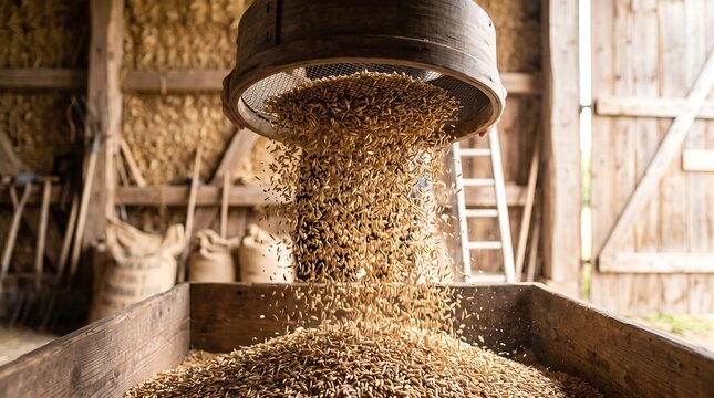 Organic oat grains falling through traditional wooden sieve inside rustic barn during harvest processing. Natural agriculture and sustainable farming concept.
