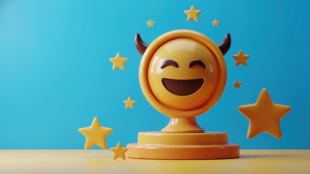 3D Rendering of a Happy Devil Emoji Trophy Surrounded by Golden Stars on a Blue Background