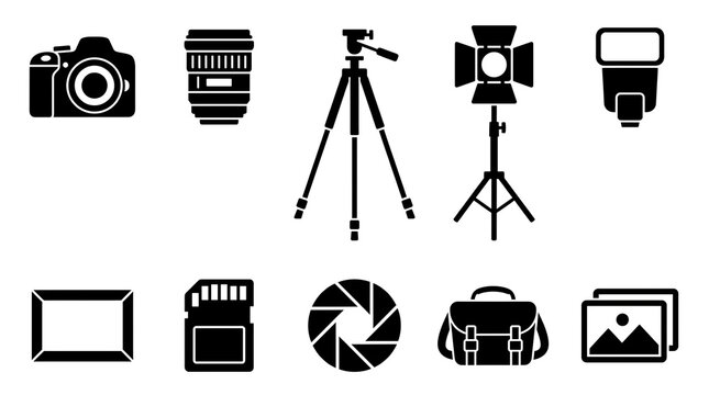 Photography equipment icons set. Professional camera gear and studio accessories vector symbols.