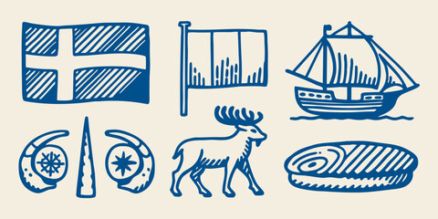 Collection of hand drawn blue line art depicting a swedish flag ship reindeer and traditional objects hand drawn national scandinavian sailing vessel elk antler © Dibyendu