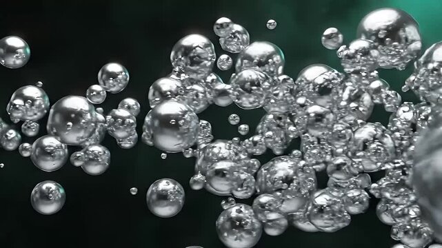 Metallic spheres and irregular shapes float in a dark gradient background