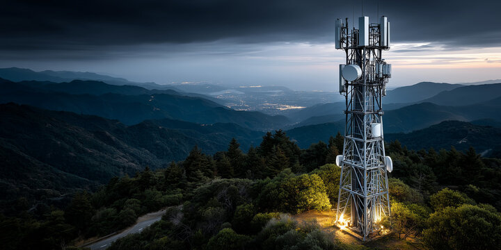 A dramatic view of a cellular tower at dusk overlooking a mountainous landscape with cloudy skies and city lights in the distance