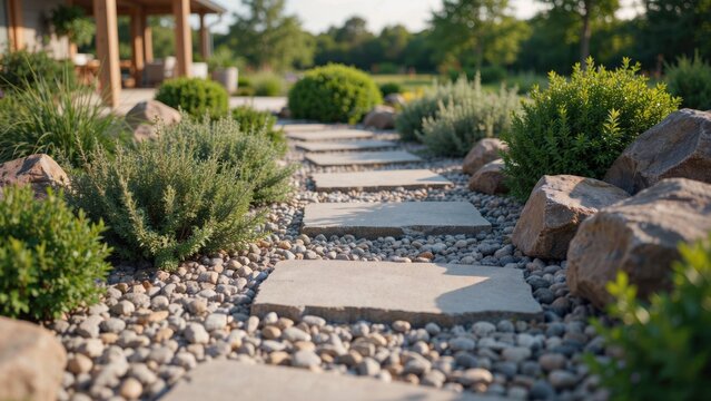 Flagstone stepping stone path with pebble landscaping