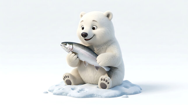 A cute animated polar bear cub sitting on snow, happily holding a freshly caught silver fish in its paws.