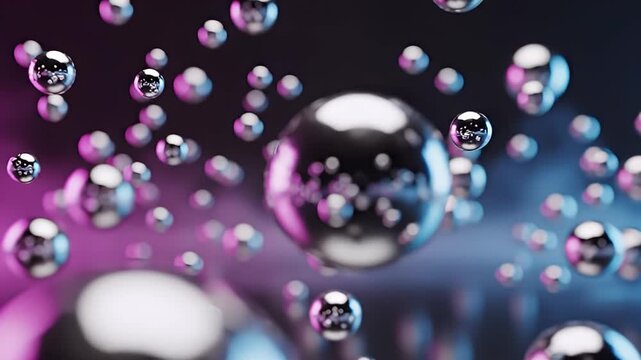 Reflective spheres in varying sizes float against a gradient background