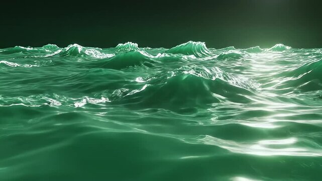 Rough churning green ocean waves with white foam crests under a dark sky