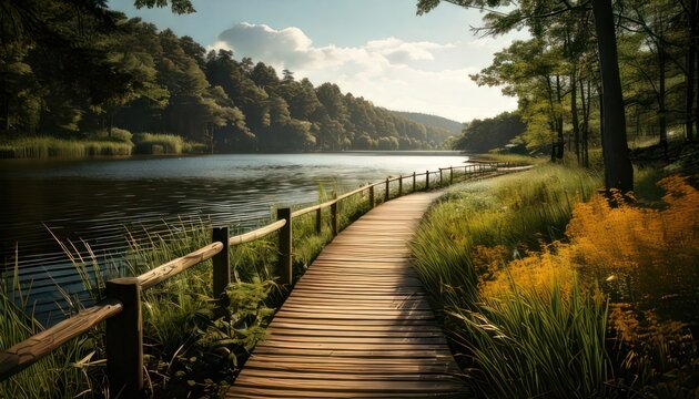 wooden walkway along serene lake shore.