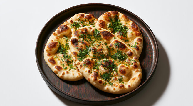 three warm, oiled flatbreads garnished with dark green herbs