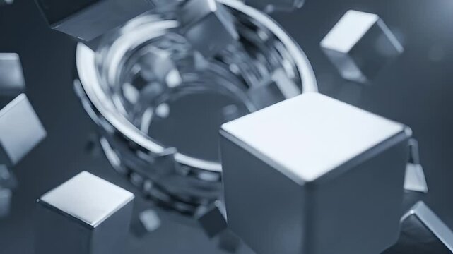 Shiny cubes and rings float in a dark reflective environment