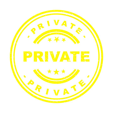 Yellow private rubber stamp seal icon with a distressed texture for documents isolated on transparent background