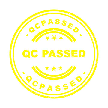Yellow round rubber stamp icon with the text qc passed for quality control isolated on transparent background