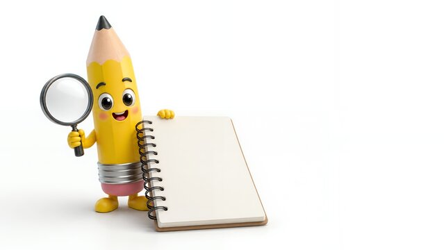 Cute 3D pencil character with blank notebook and magnifying glass
