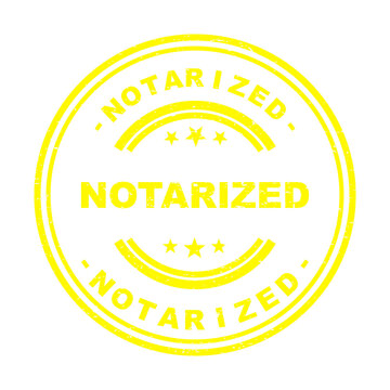 Yellow round rubber stamp with the word notarized for official legal documents isolated on transparent background
