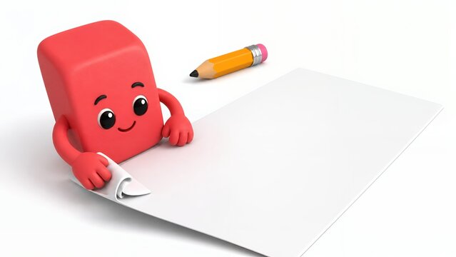 Cute 3D eraser character cleaning a blank sheet of paper