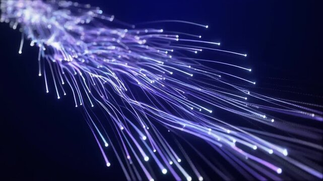 Glowing fiber optic ribbons flow through dark indigo space as millions of white particles race inside transparent filaments, creating a cinematic cloud computing and data network background.