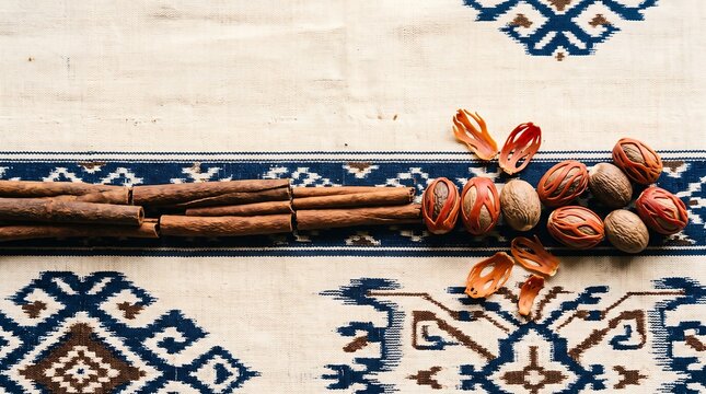 Cinnamon Bark and Nutmeg on Traditional Ikat Textile