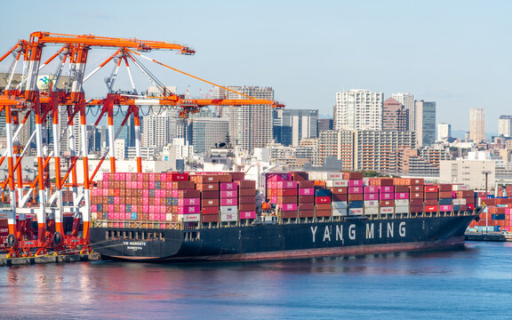 Container ship of Yang Ming Marine Transport Chinese logistic company at port dock with cranes in Tokyo Japan