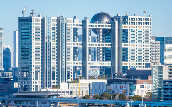 Beautiful view of Fuji Broadcasting Center building by architect Kenzo Tange a TV Media Tower in Odaiba Tokyo Japan